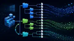 An illustration of the Windows Registry, showing a tree structure with folders and files, emphasizing HKLM and HKU hives, and abstract representations of NTLM hashes in vibrant colors on a dark background.