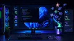 A digital illustration of a modern Windows desktop showing a terminal window with a PowerShell script. Icons representing optimization like gears and floating uninstalled apps are visible, set against a dark background.