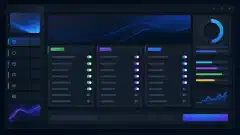 An illustration of a modern graphical user interface for Windows optimization, featuring toggle switches and options on a dark background with vibrant colors.