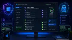 An illustration of a computer screen showing a Windows 10/11 security settings interface with colorful sliders and icons for disabling features, set against a dark background with abstract security shapes.