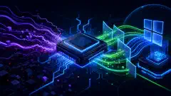 An abstract illustration of a computer processor with glowing circuits and vibrant data streams, set against a dark background, symbolizing speculative execution side-channel attack protections.