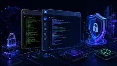A futuristic computer terminal illustration with command lines and scripts, surrounded by abstract security symbols, all set against a dark background with vibrant blue and green accents.