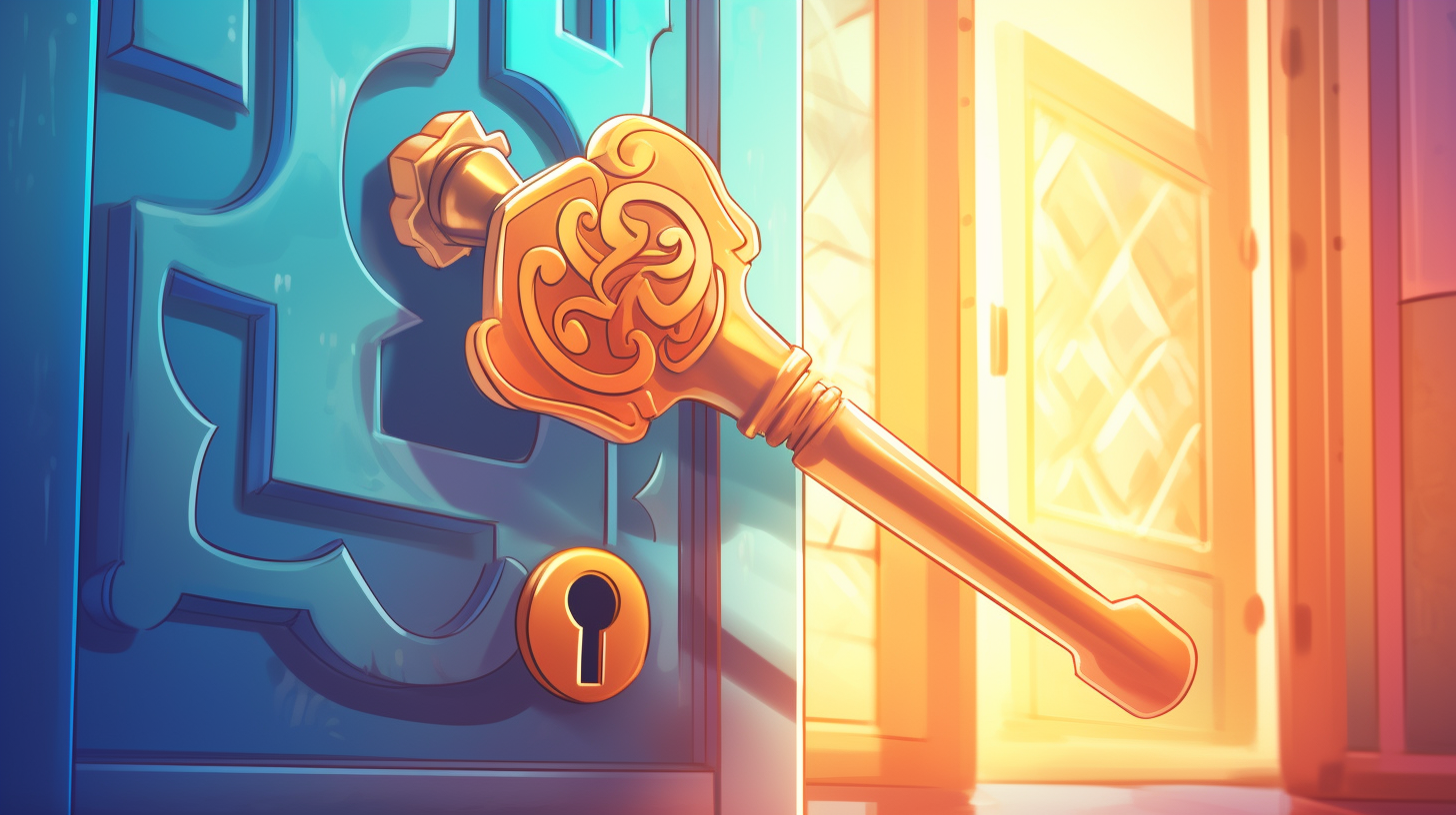 A colorful cartoon illustration of a key unlocking a door representing the power of GVLKs in unlocking the full potential of Windows.
