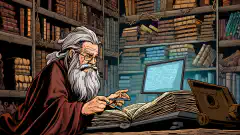 A cartoon-style computer wizard working with a giant registry book.