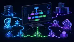 An illustration of a futuristic computer network with colorful workflows and nodes, centered around a computer screen showing compliance checks, all set against a dark background.
