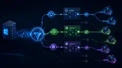 An abstract digital illustration showing interconnected nodes and pathways, symbolizing WMI filters for Windows Group Policy deployments, featuring vibrant colors against a dark background.