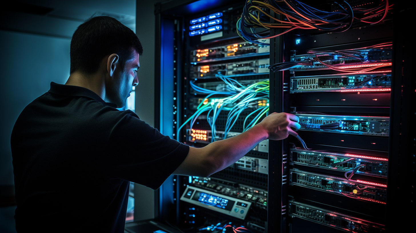 An image depicting a network technician managing a control panel with various networking devices, such as routers, switches, and access points. The technician is connecting cables, configuring settings, and optimizing network performance. The devices are labeled and color-coded for clarity.