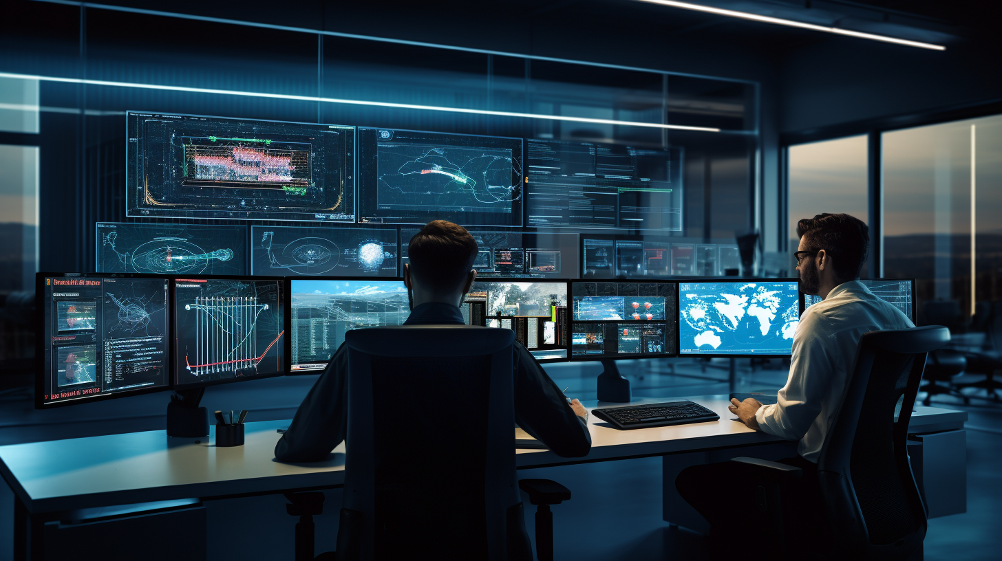 An image showcasing a network operations center (NOC) with multiple screens displaying real-time performance metrics, logs, and environmental sensor data. Technicians are monitoring and managing the network's performance and addressing any issues. The NOC is well-organized and equipped with advanced monitoring tools.