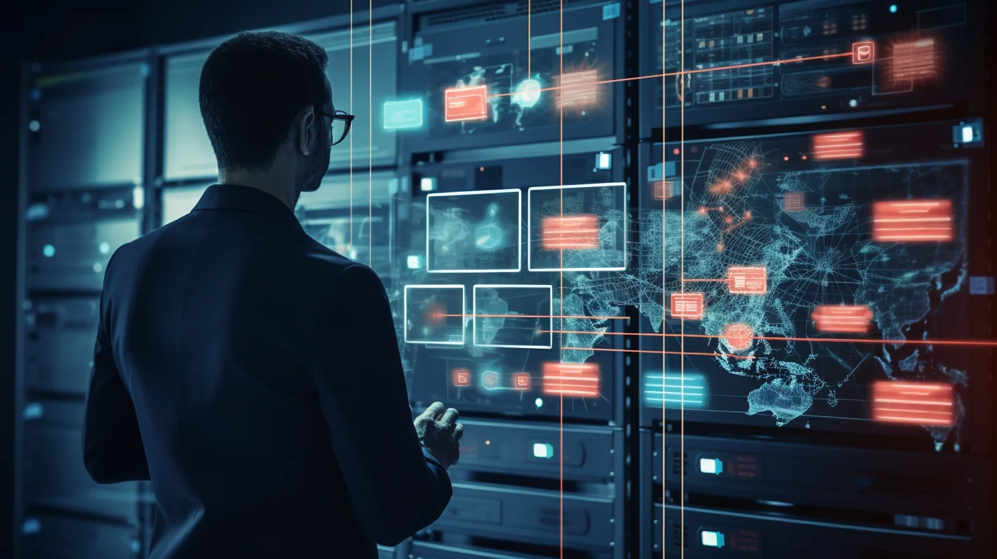 An image illustrating a network administrator configuring a network firewall, implementing access control lists (ACLs), and managing patch and firmware updates on network devices. The administrator is working diligently to enhance network security and protect against vulnerabilities.