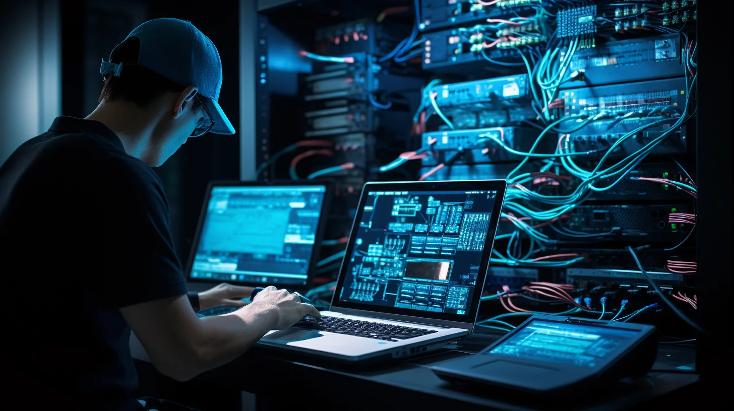 An image showcasing a network technician using diagnostic tools, such as a cable tester and a laptop with network software tools, to troubleshoot and resolve network connectivity issues. The technician is surrounded by a network rack and cables.