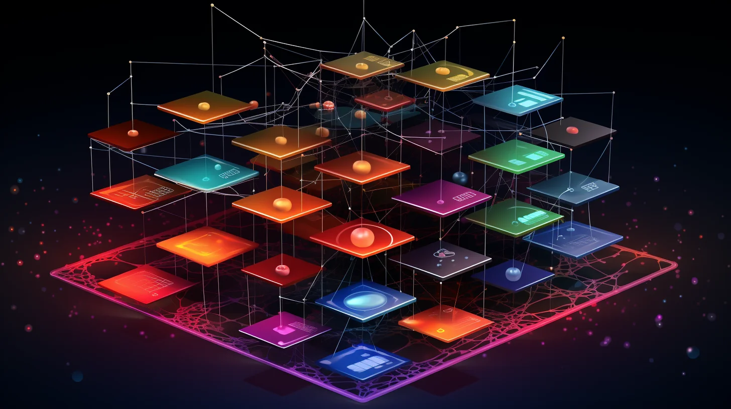 An informative graphic displaying interconnected network nodes, illustrating the OSI model layers and their functions. Each layer is color-coded and labeled, creating a visual guide for understanding the layers and their interactions.