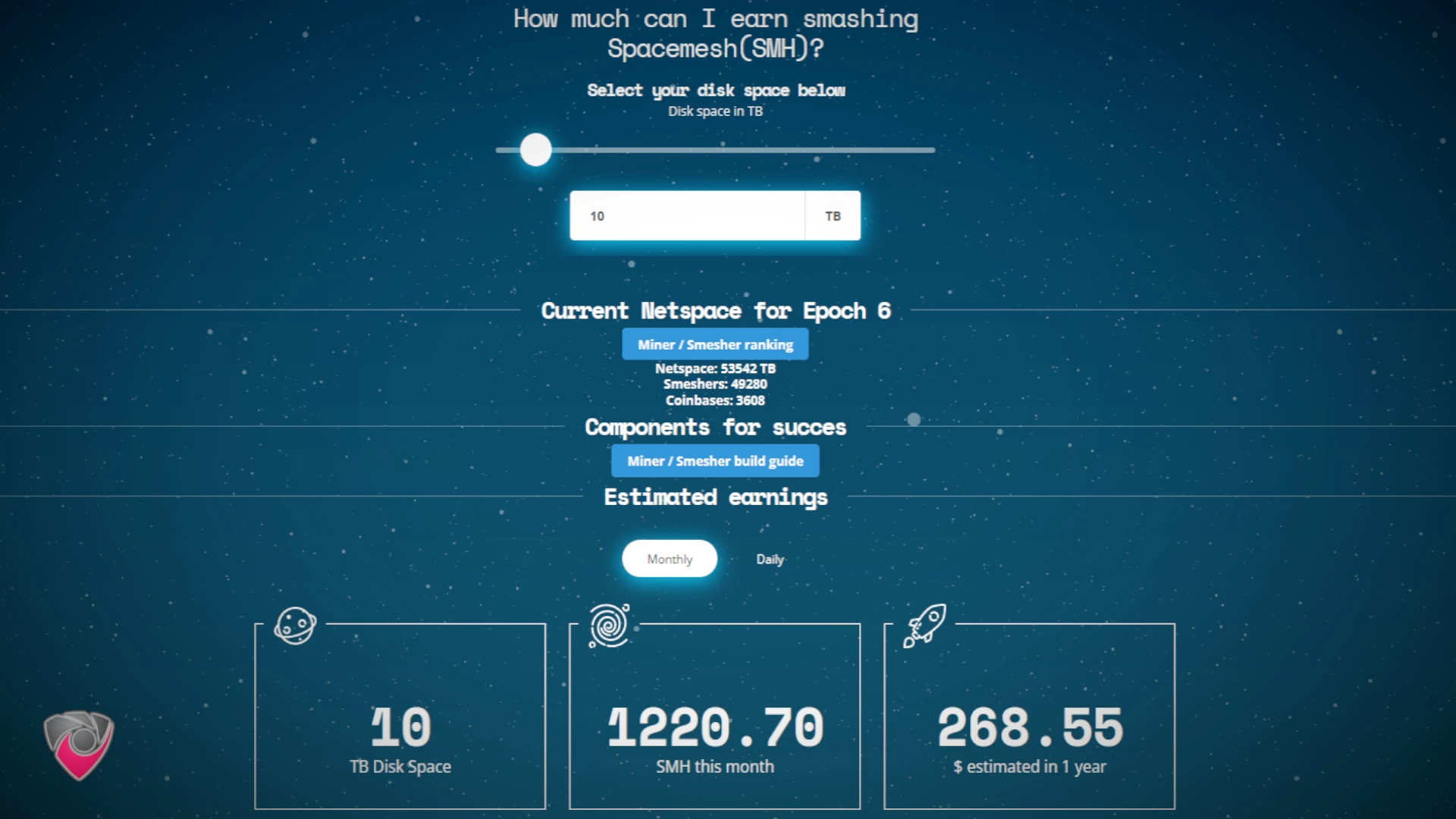 A image of the website spacemeshcalculator.com