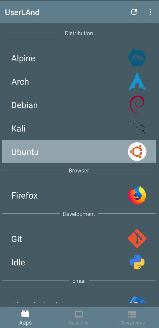 A screenshot of the userland home menu with the ubuntu distro selected