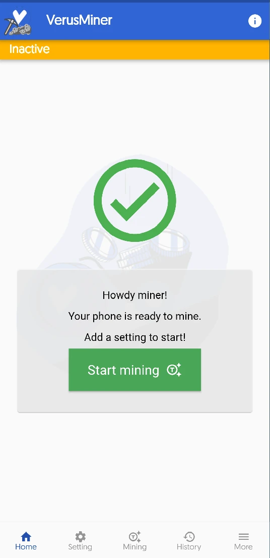 A screenshot of the verus miner application home menu.