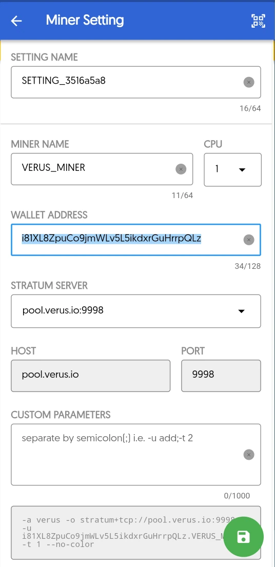 A screenshot of the verus miner application mining settings.