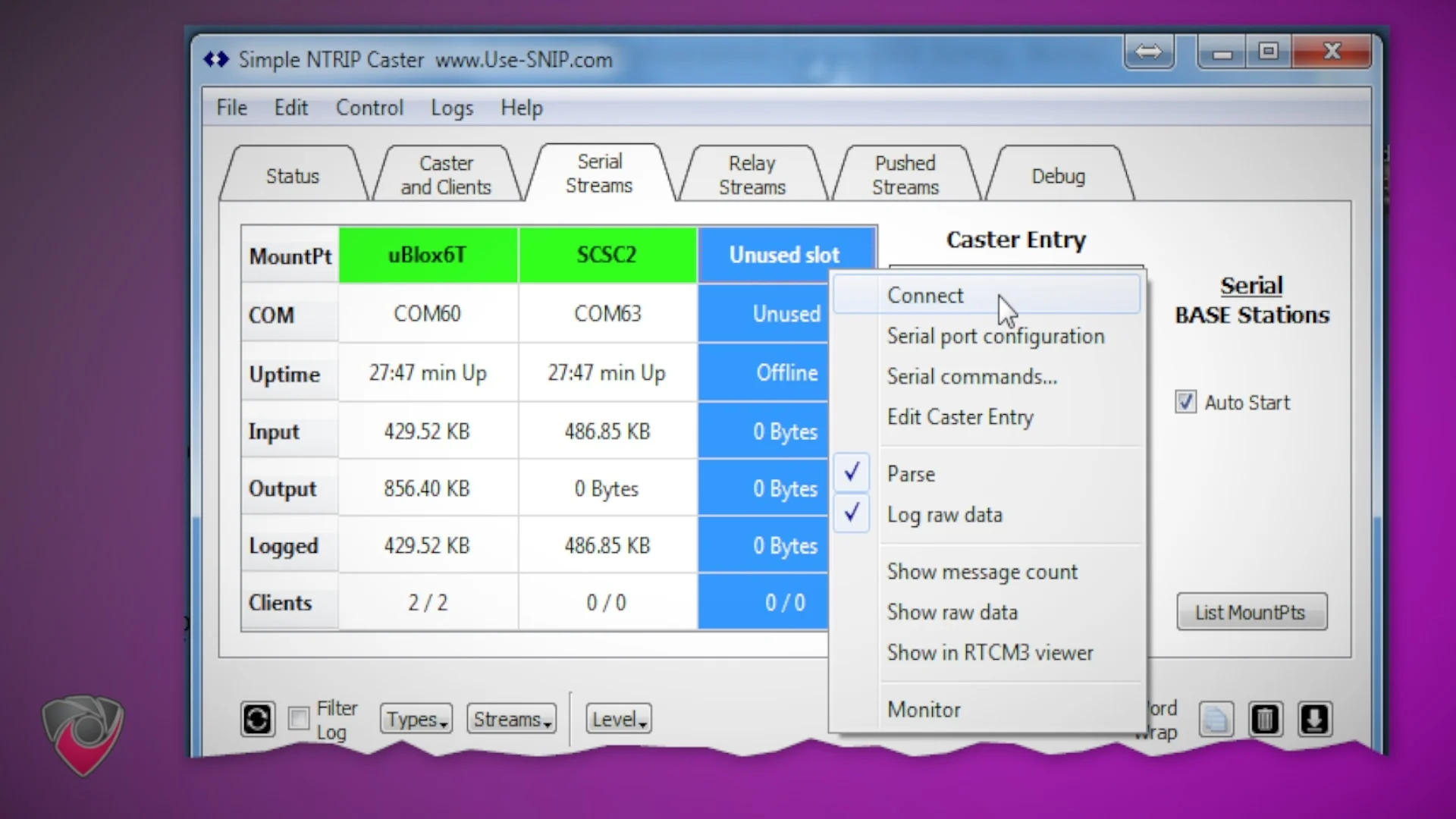 Snip Serial Streams Menu