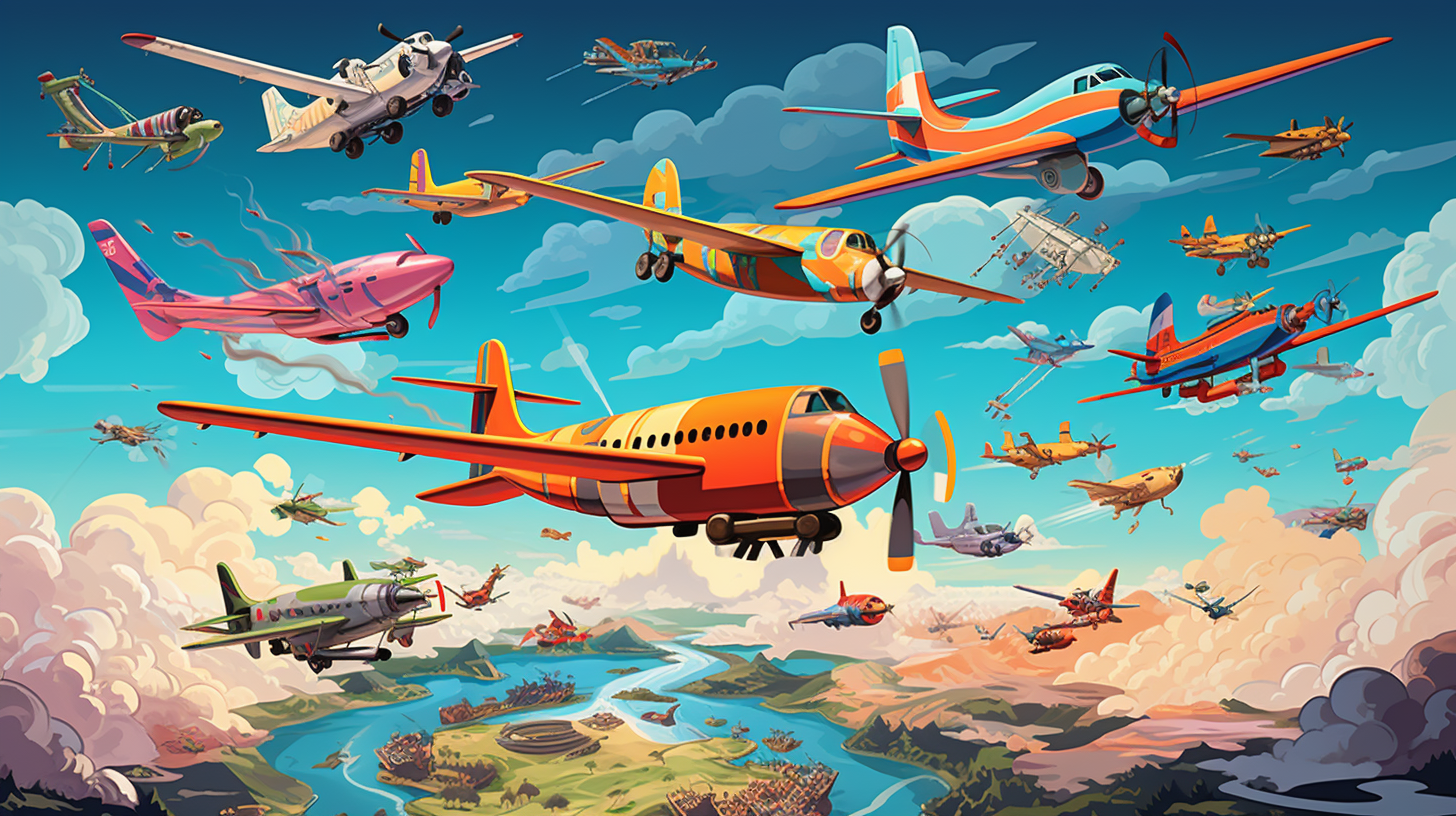 A vibrant cartoon illustration showcasing diverse aircraft types in flight.